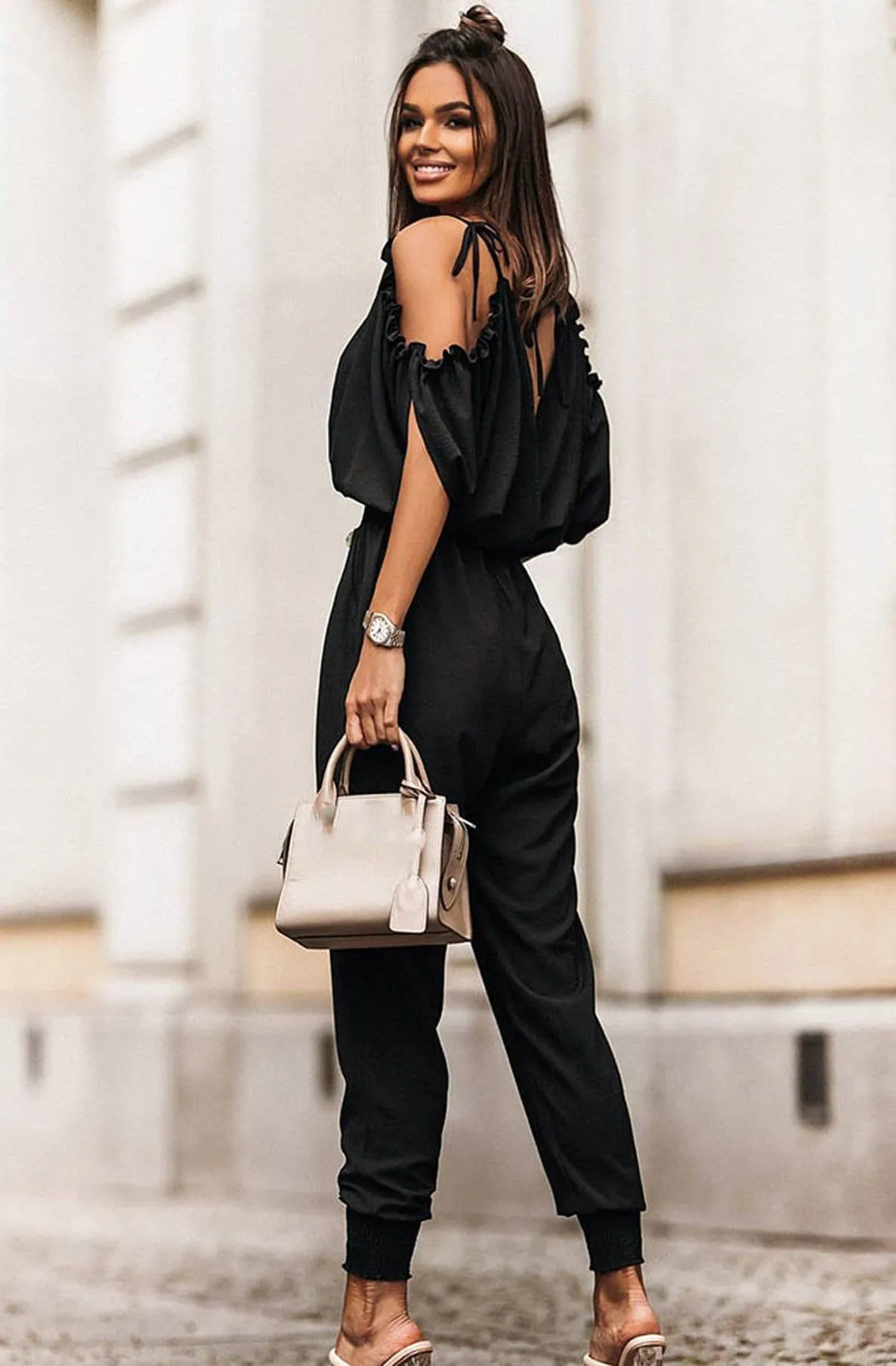 Azeila Cold Shoulder Jumpsuit  - Black