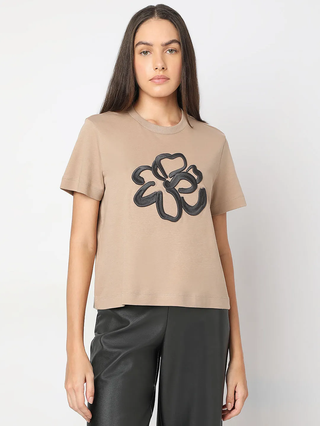 Beige Embroidered Organic Cotton T-shirt