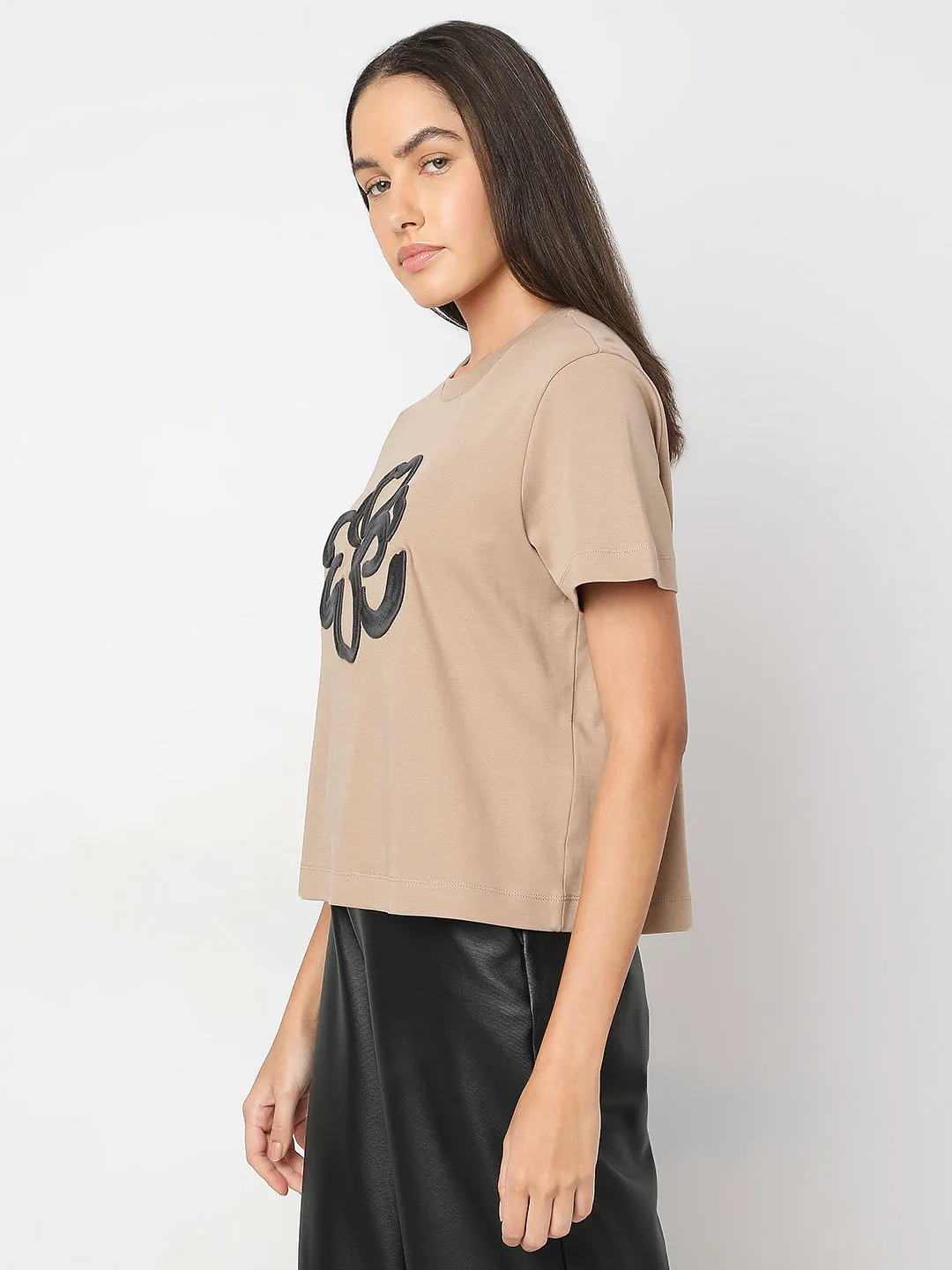 Beige Embroidered Organic Cotton T-shirt