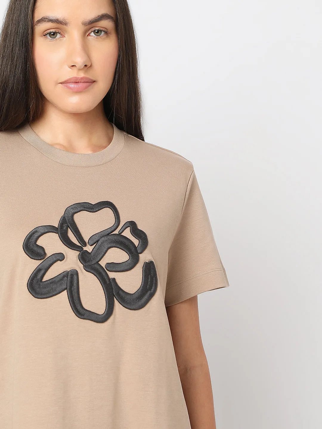 Beige Embroidered Organic Cotton T-shirt