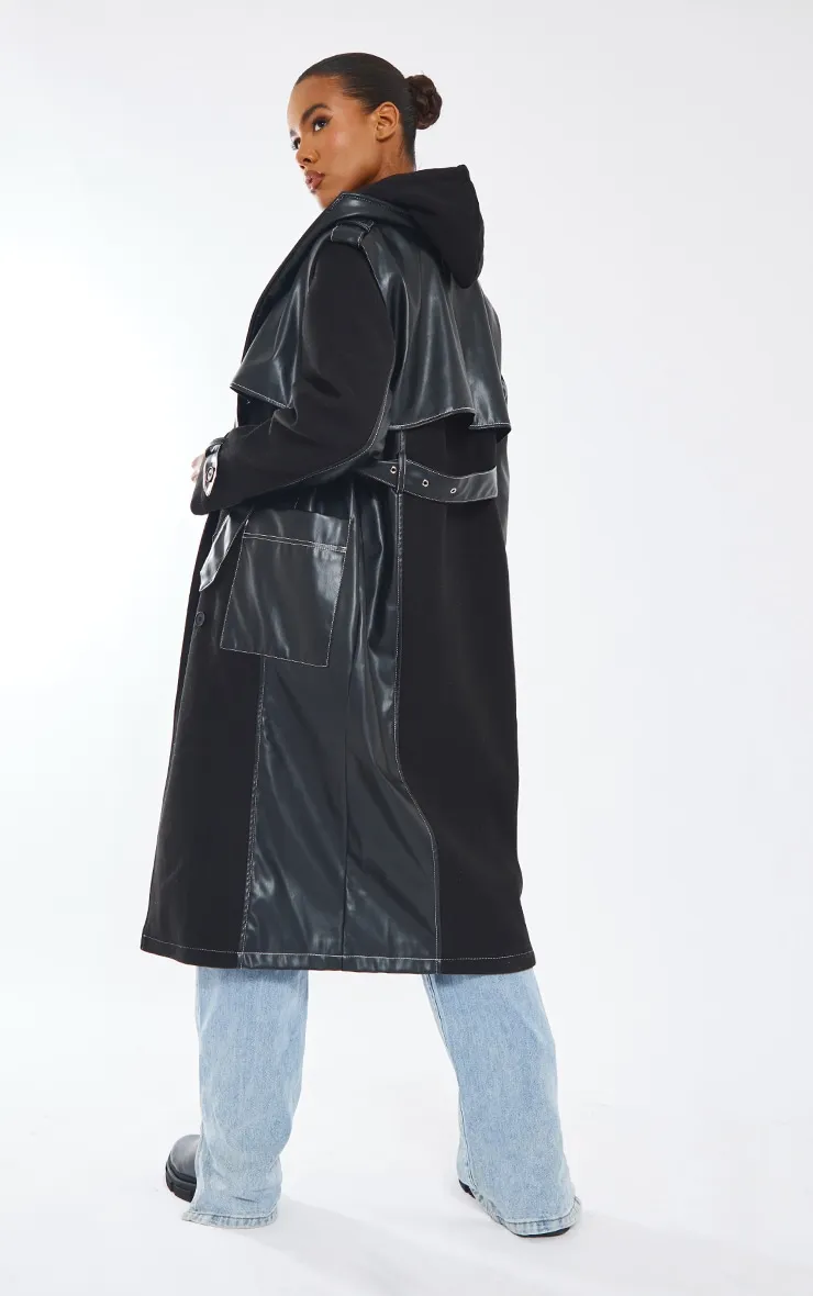 Black Pu Contrast Wool Belted Trench Coat