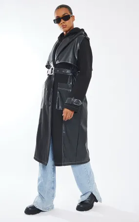 Black Pu Contrast Wool Belted Trench Coat