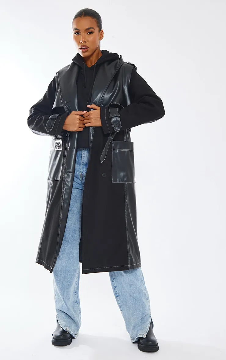 Black Pu Contrast Wool Belted Trench Coat