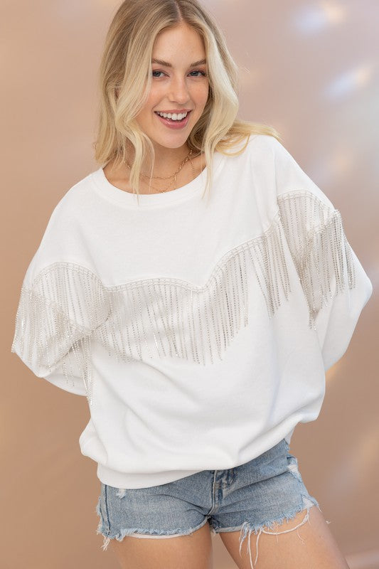 Blue B Rhinestone Fringe Pullover Top