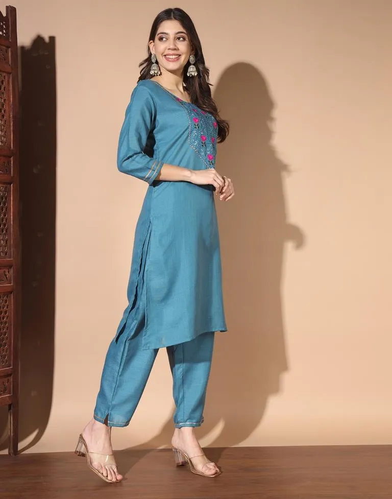 Blue Cotton Printed Kurta Set With Dupatta