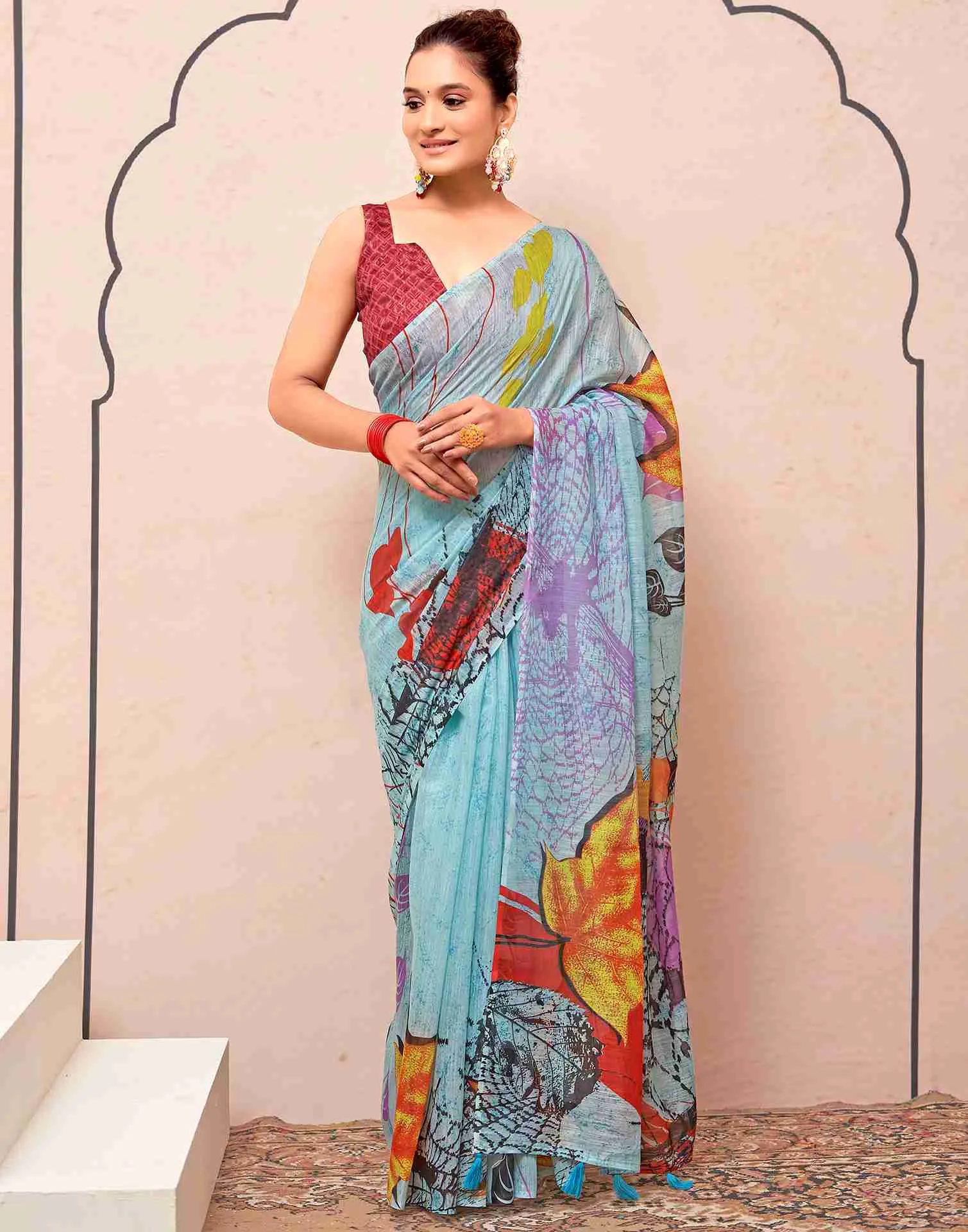 Blue Cotton Printed Saree