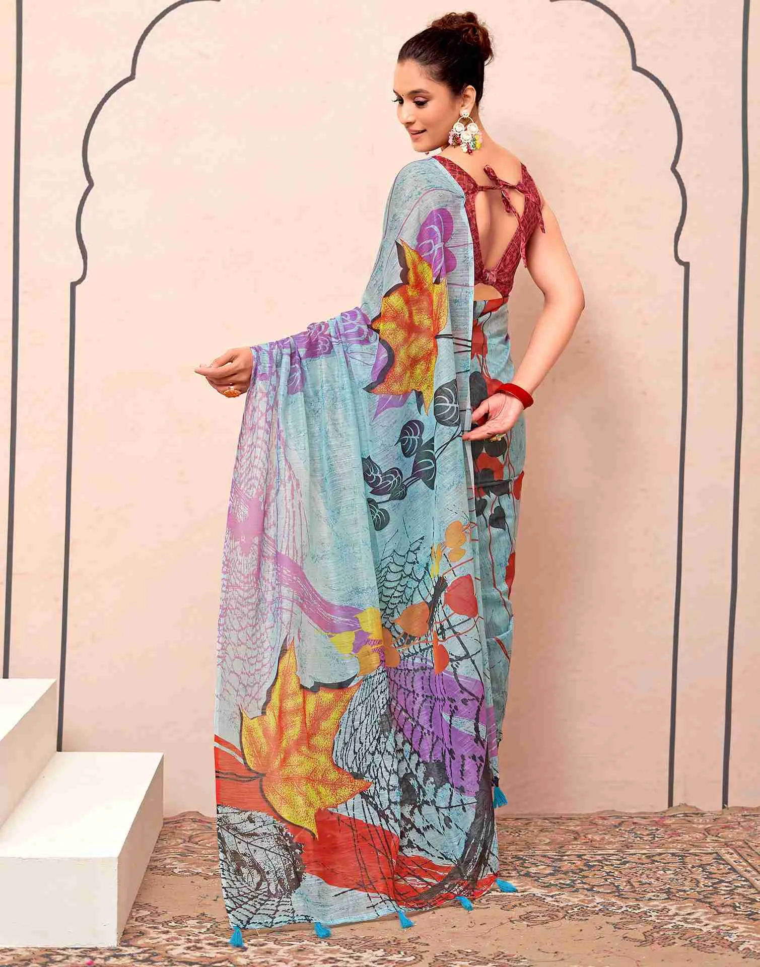 Blue Cotton Printed Saree