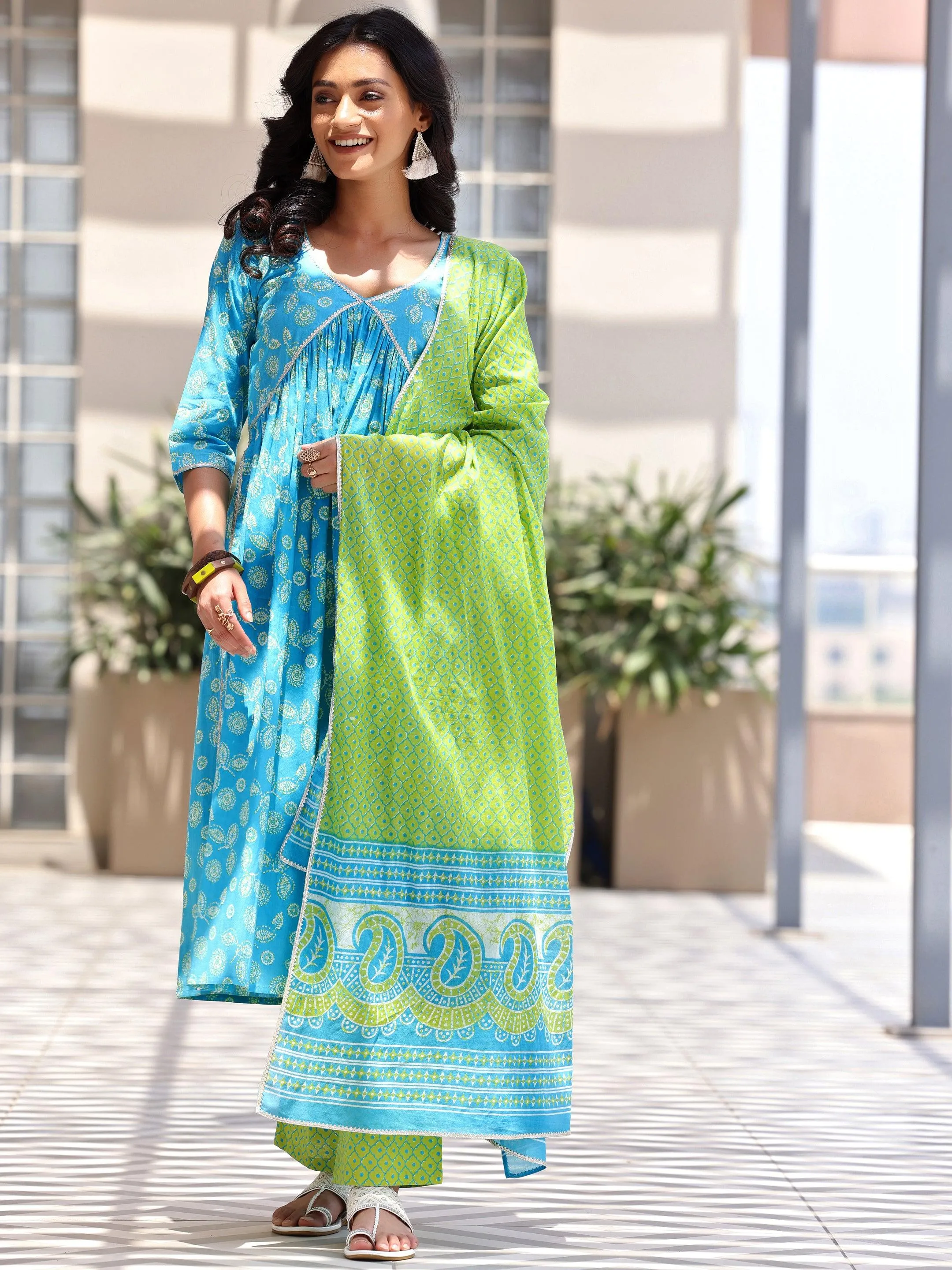 Blue Printed Cotton A-Line Kurta With Palazzos & Dupatta