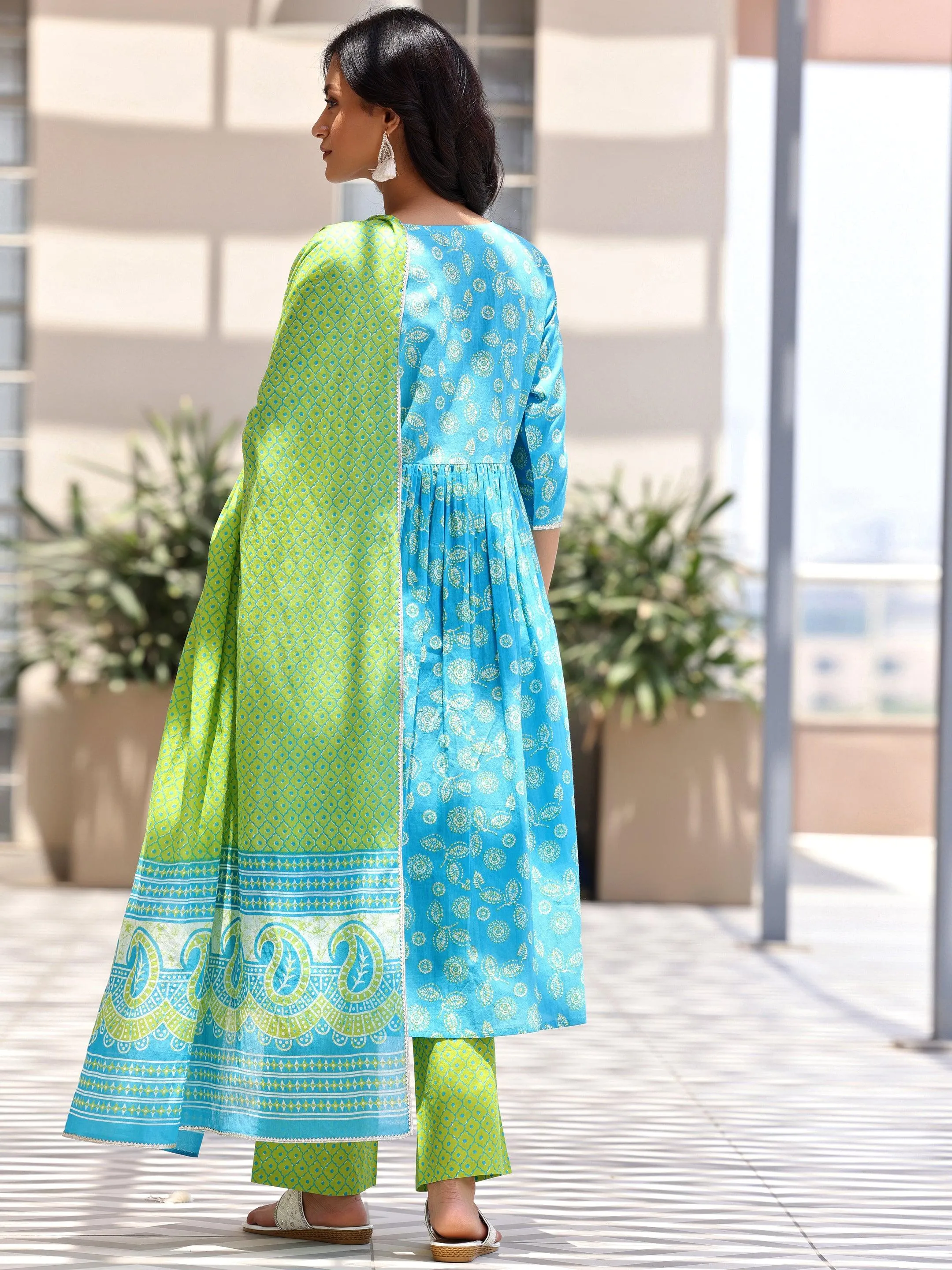 Blue Printed Cotton A-Line Kurta With Palazzos & Dupatta