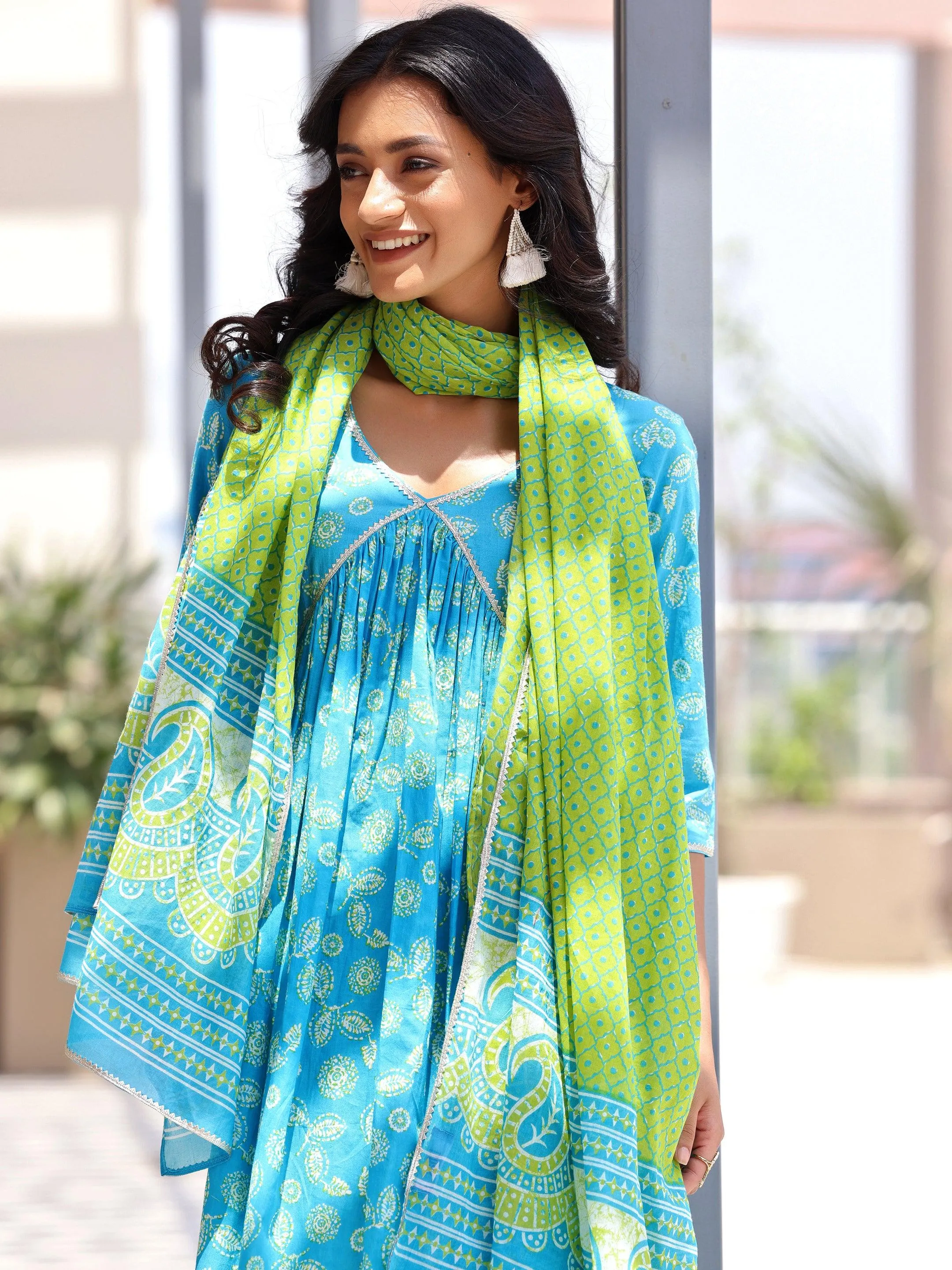 Blue Printed Cotton A-Line Kurta With Palazzos & Dupatta