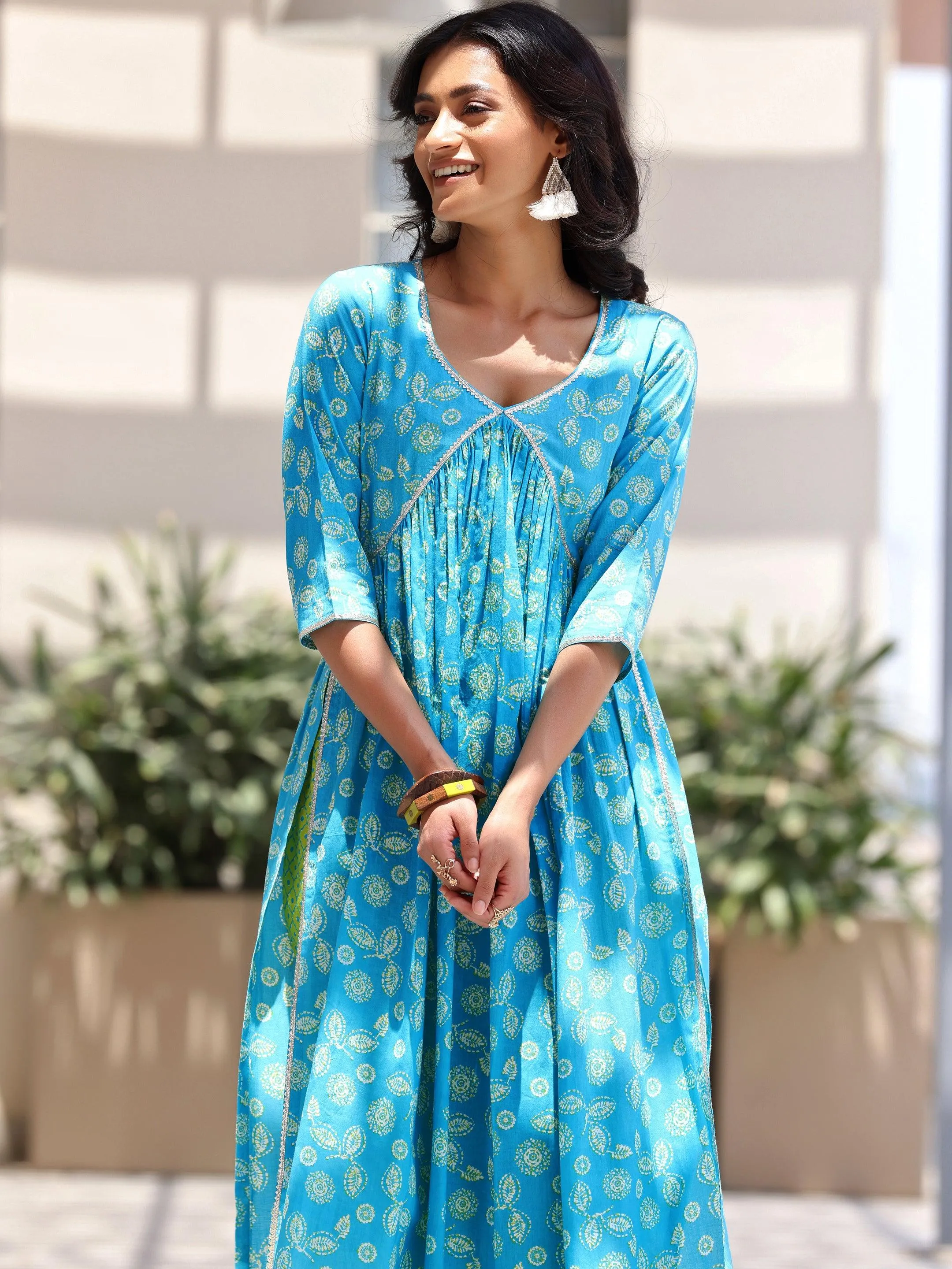 Blue Printed Cotton A-Line Kurta With Palazzos & Dupatta