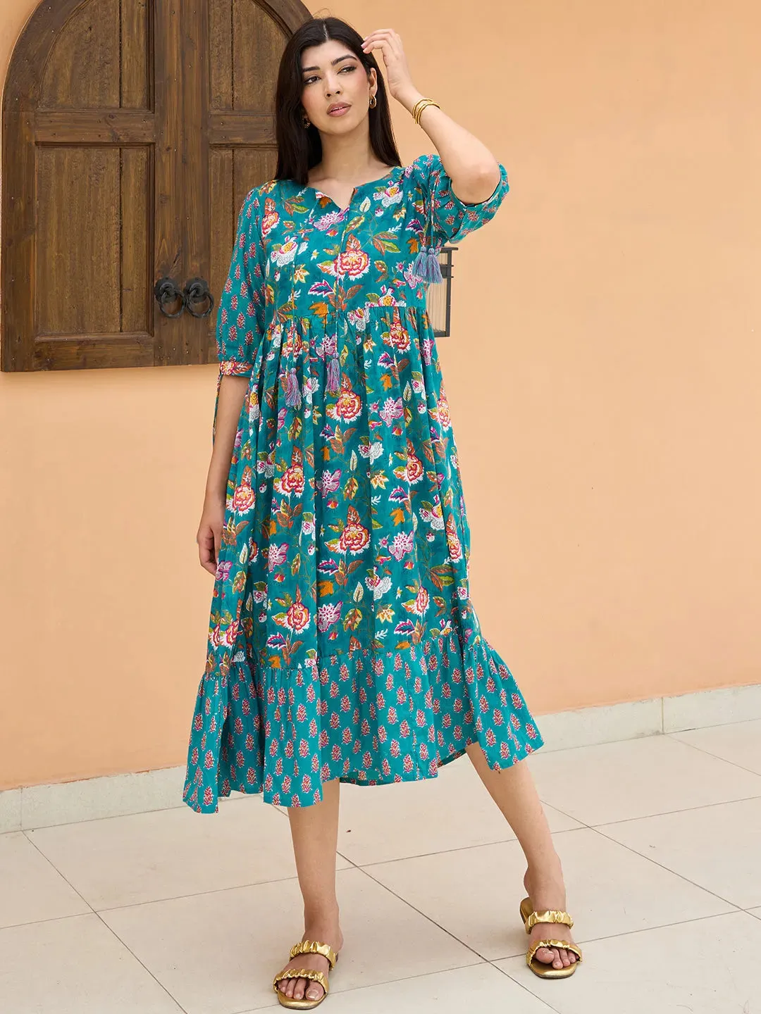 Blue Printed Cotton Fit and Flare Dress