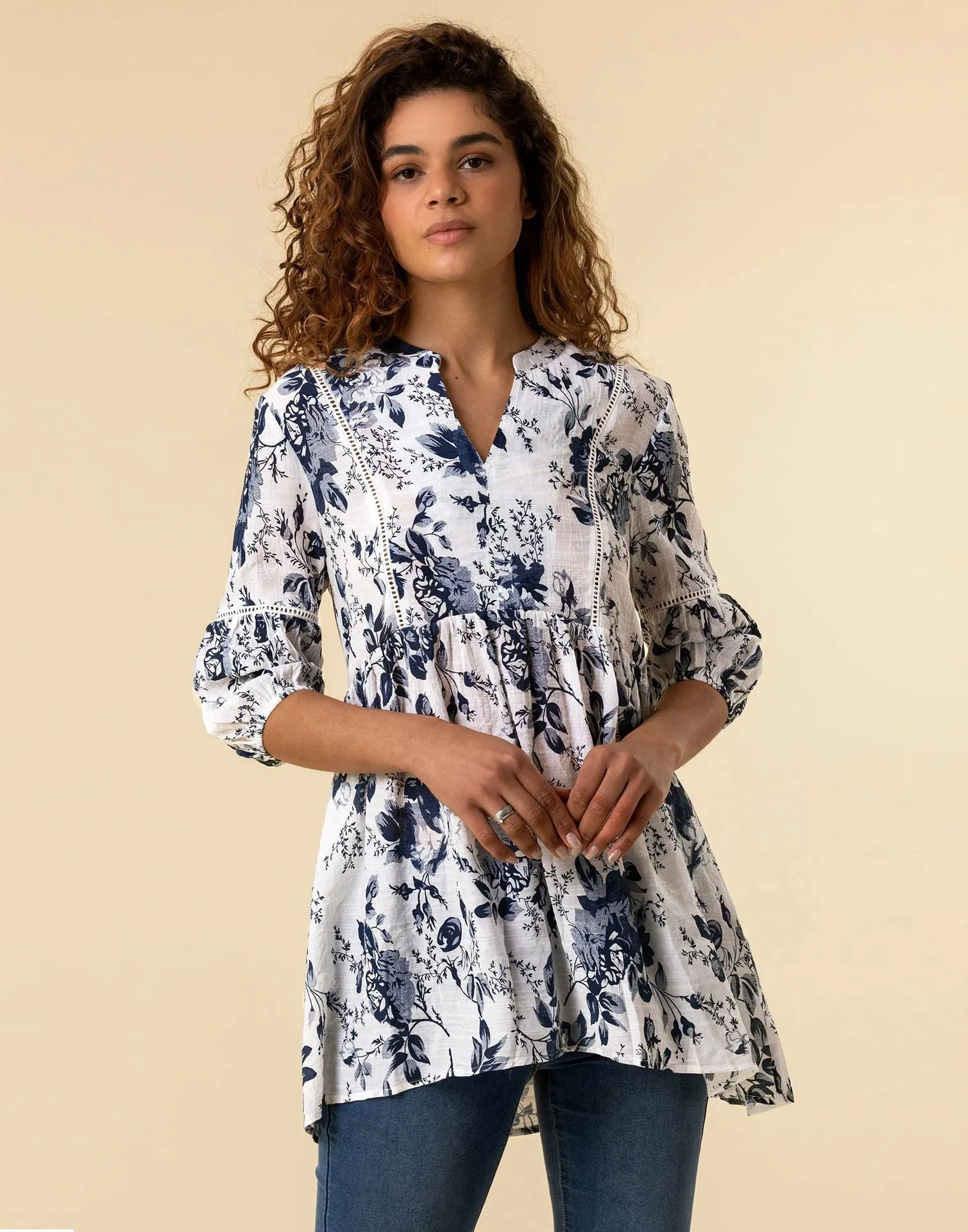 Blue Printed Cotton Tunic Top