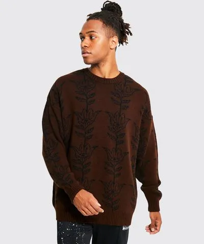 boohoo Mens Oversized Leaf Print Knitted Sweater