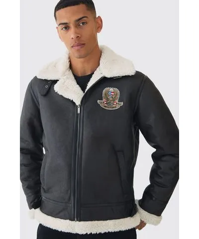 boohooMAN Mens Official Badge Suede Flight Jacket In Black