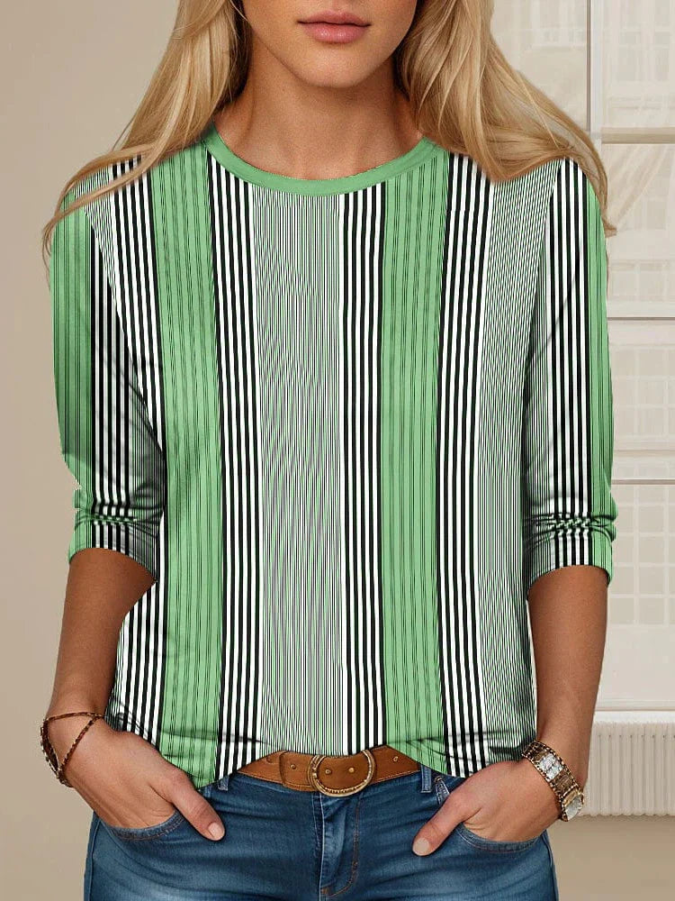 Casual Striped Cat Print Long Sleeve Cotton Tee for Women