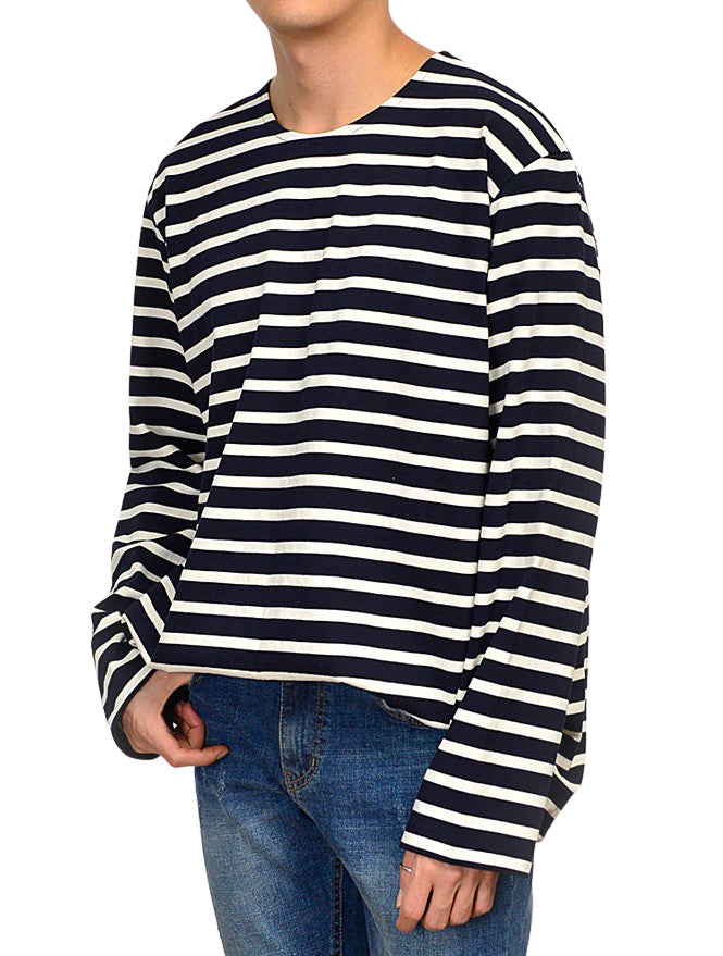 Casual Striped Long Sleeved Tshirts Mens Tees Crewneck Tops 100% Cotton Made in Korean Black Navyblue Ivory