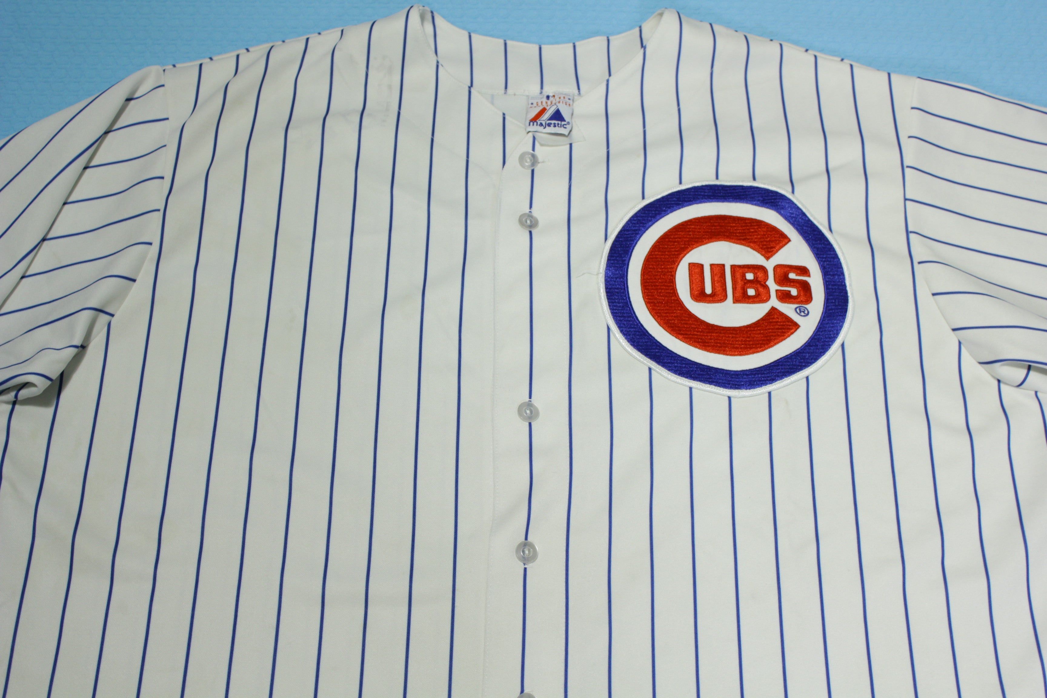 Chicago Cubs Vintage 90's Majestic Button Up Sewn Patch Pin Striped Jersey