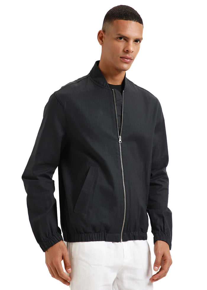 dark navy blue dapper cotton linen zipper jackets