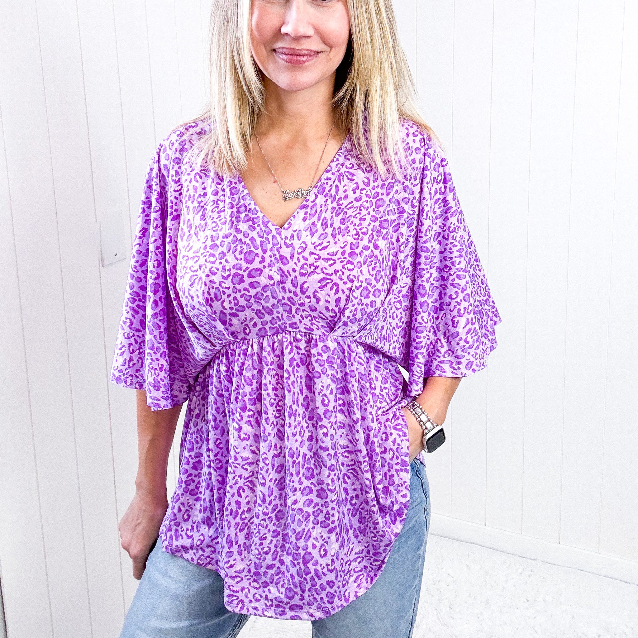 Dear Scarlett Dreamer Peplum Top in Lavender Leopard Print