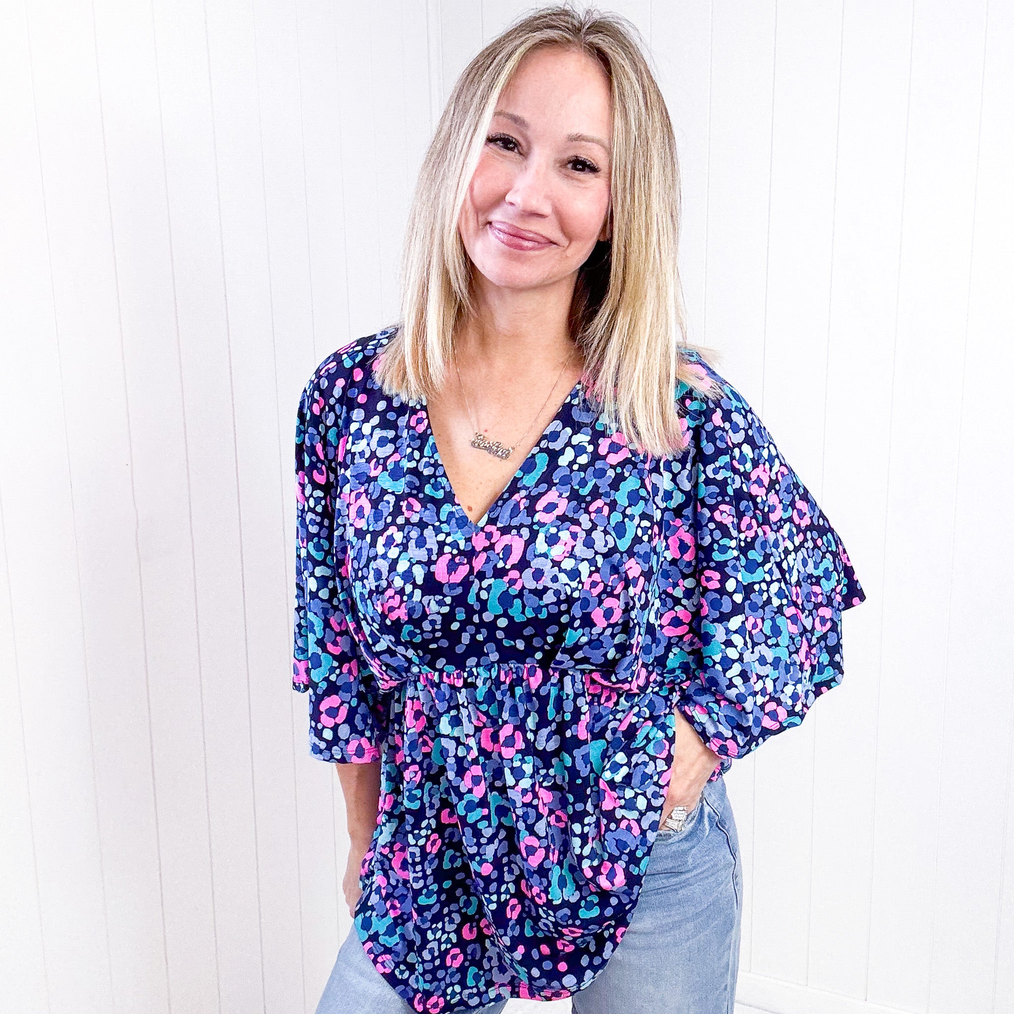 Dear Scarlett Dreamer Peplum Top in Navy and Lavender Animal Print