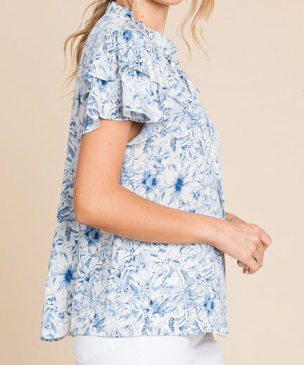 Floral Print Self Tie Top - Blue