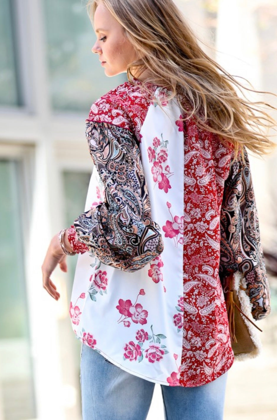 Floral printed eyelet blouse