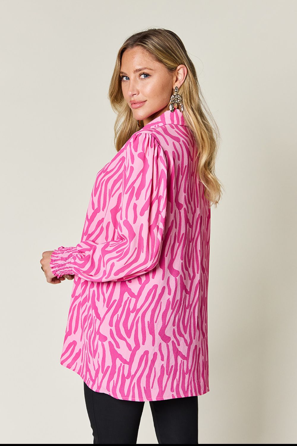 Full Size Printed Smocked Long Sleeve Blouse