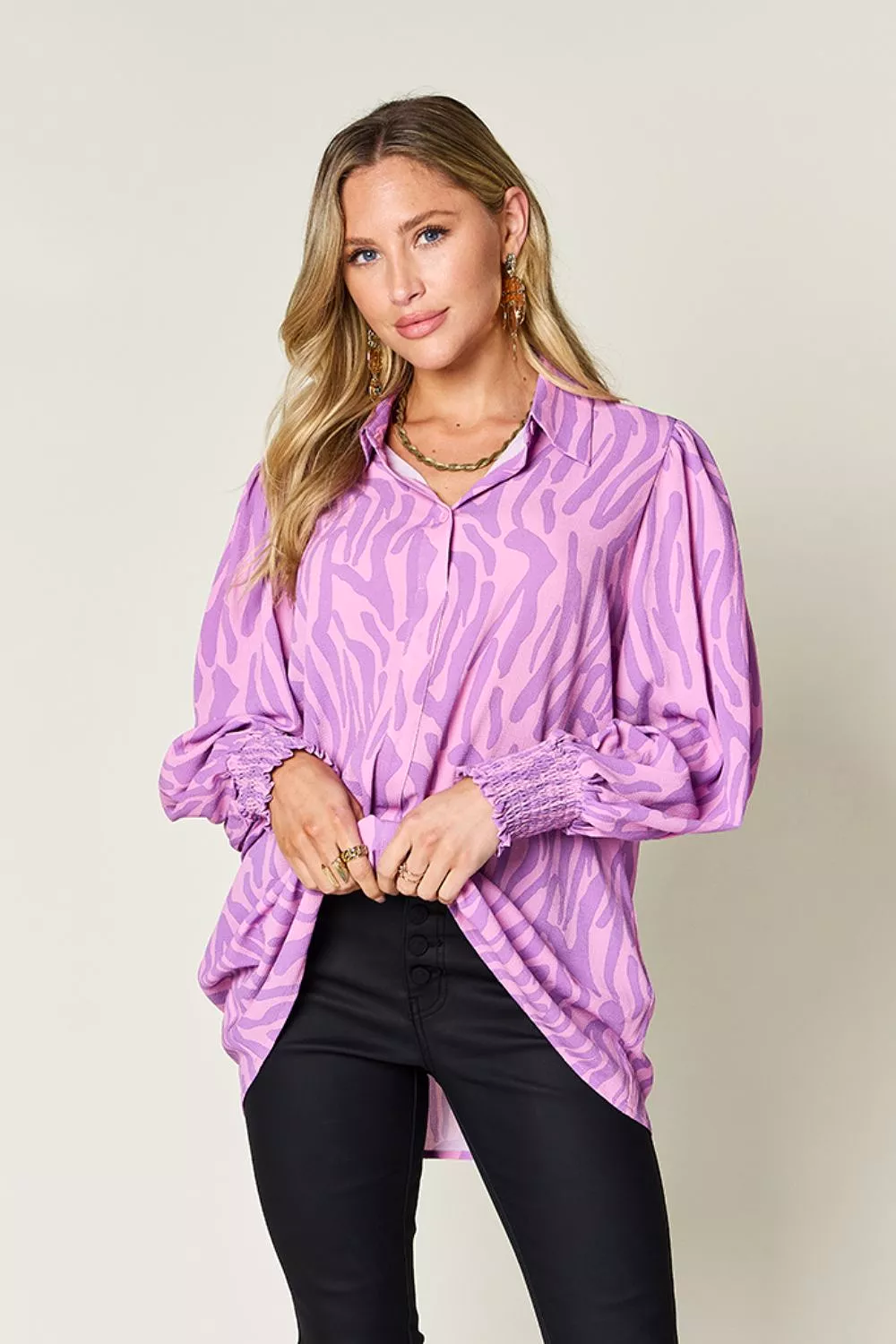 Full Size Printed Smocked Long Sleeve Blouse