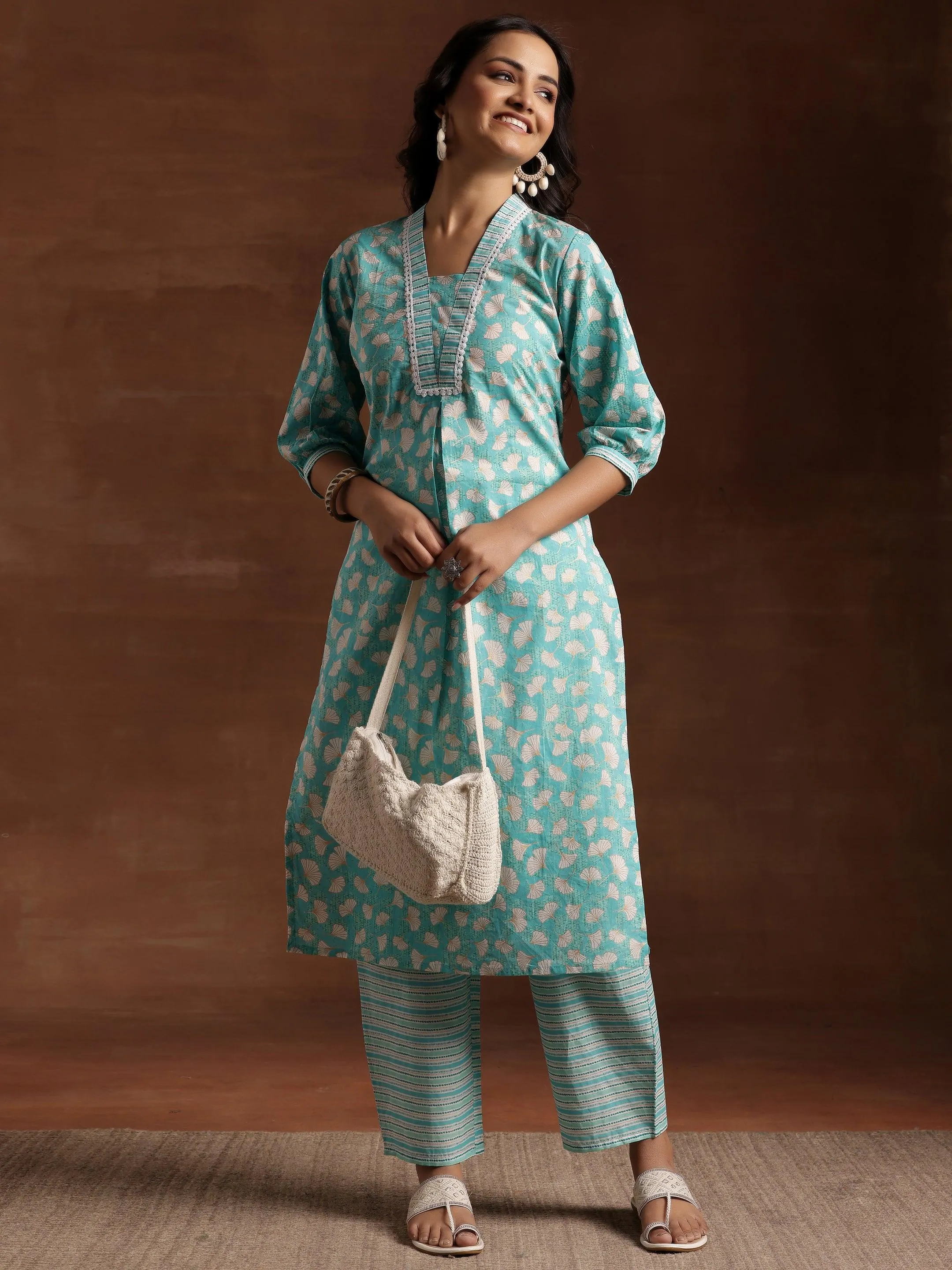 Green Printed Cotton Straight Kurta Set