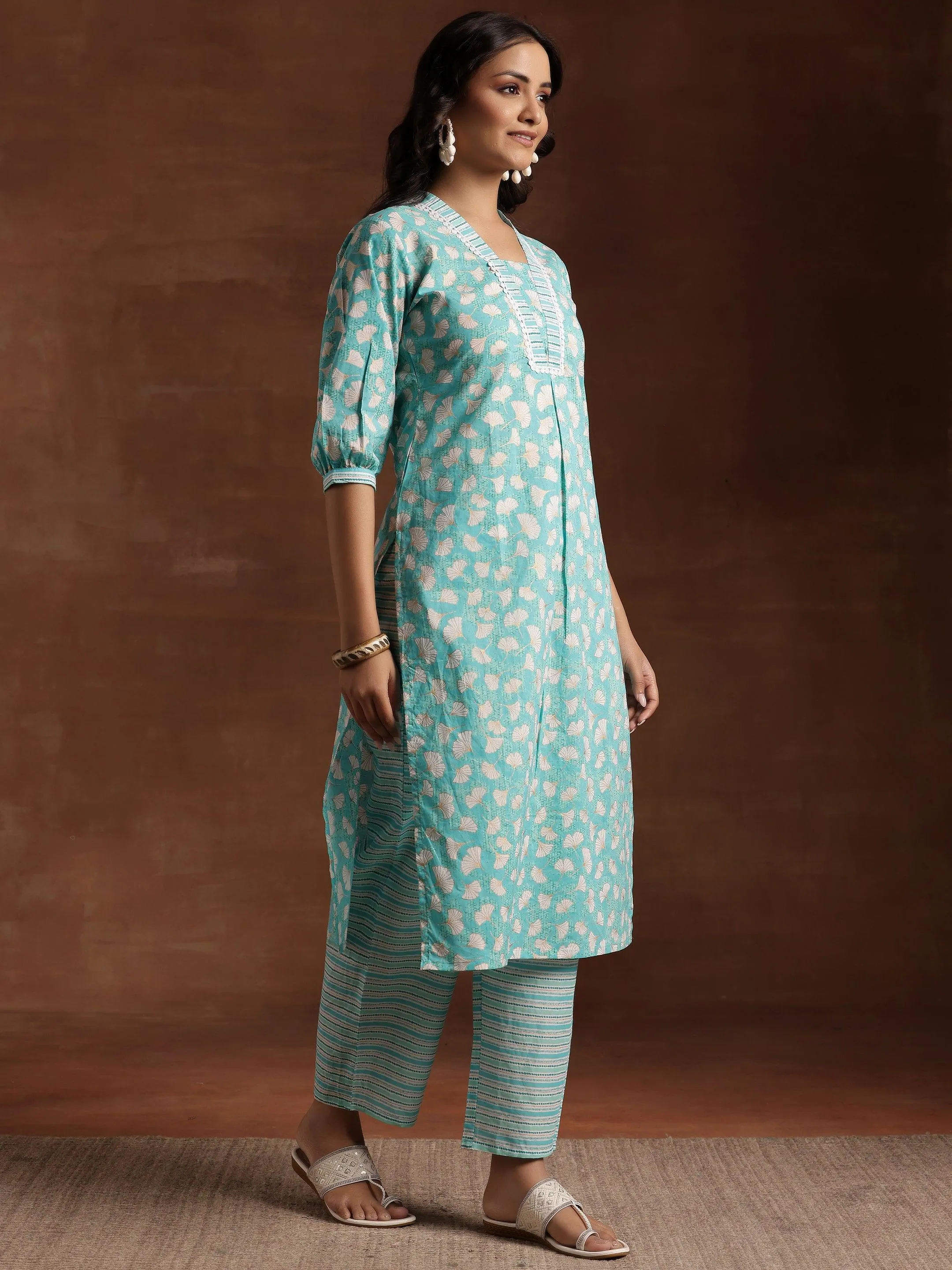 Green Printed Cotton Straight Kurta Set