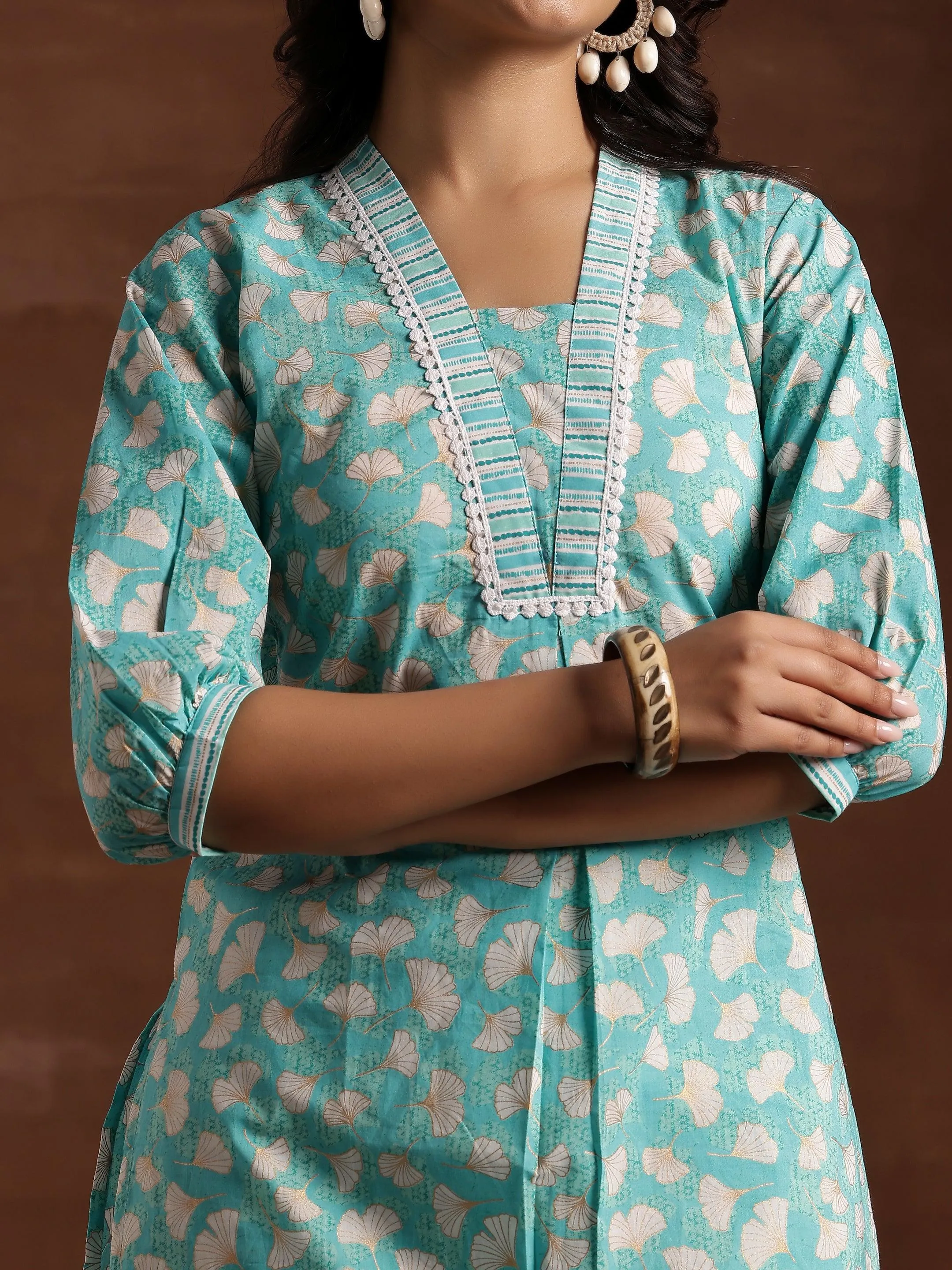 Green Printed Cotton Straight Kurta Set