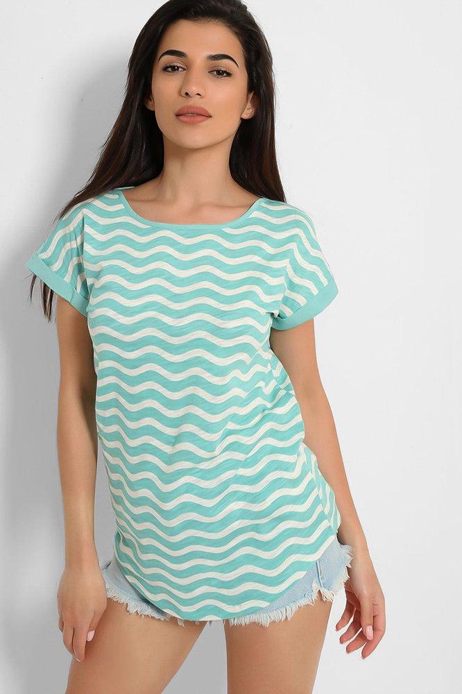 Green White Zig Zag Print Cotton Blend T-Shirt