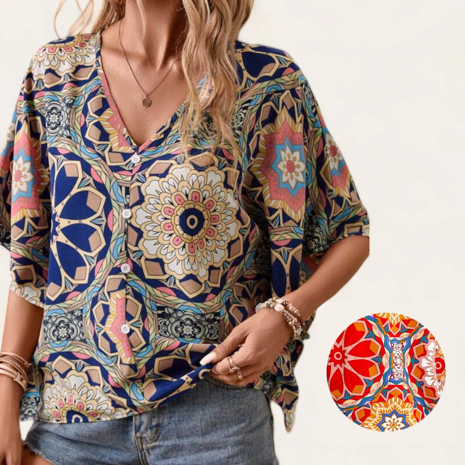 GYPSY Boho Printed Handkerchief Blouse Top