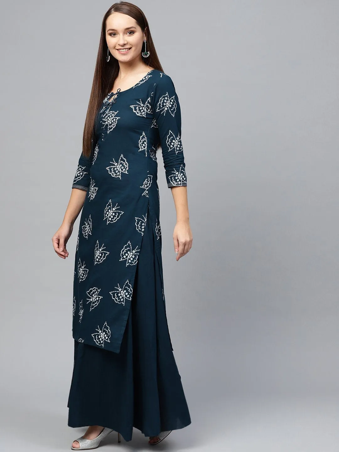 Ishin Women's Cotton Blue Bandhani Printed Embellished A-Line Kurta Sharara Set