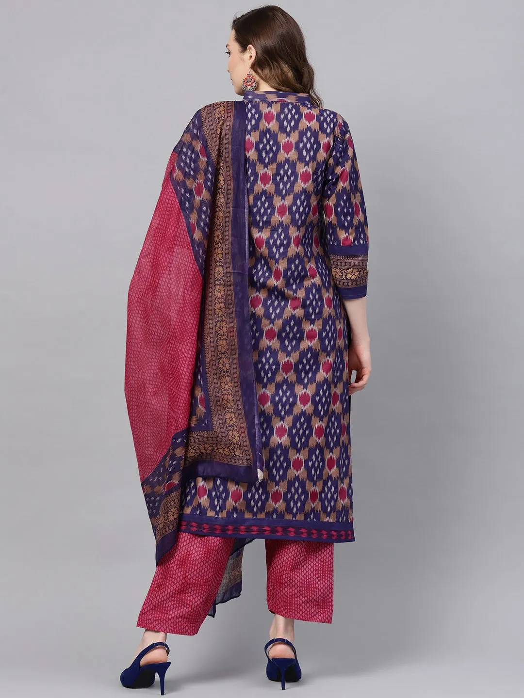 Ishin Women's Cotton Purple & Pink Printed A-Line Kurta With Trouser & Dupatta Set