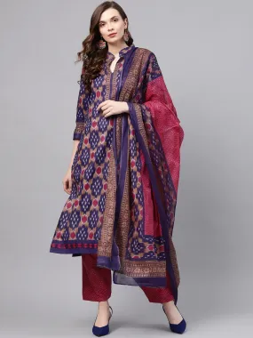 Ishin Women's Cotton Purple & Pink Printed A-Line Kurta With Trouser & Dupatta Set