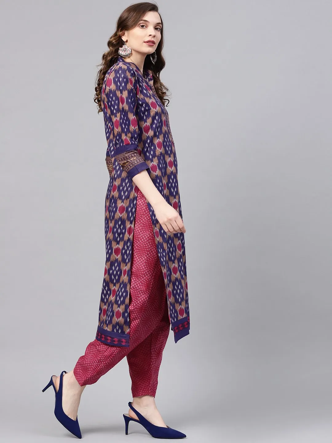 Ishin Women's Cotton Purple & Pink Printed A-Line Kurta With Trouser & Dupatta Set