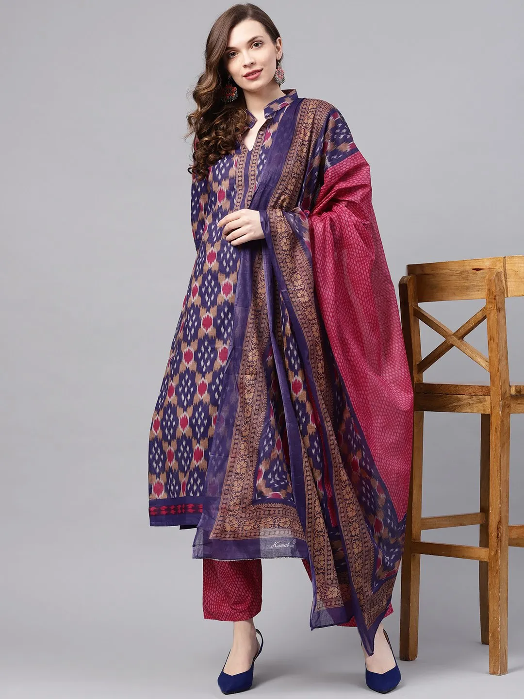 Ishin Women's Cotton Purple & Pink Printed A-Line Kurta With Trouser & Dupatta Set