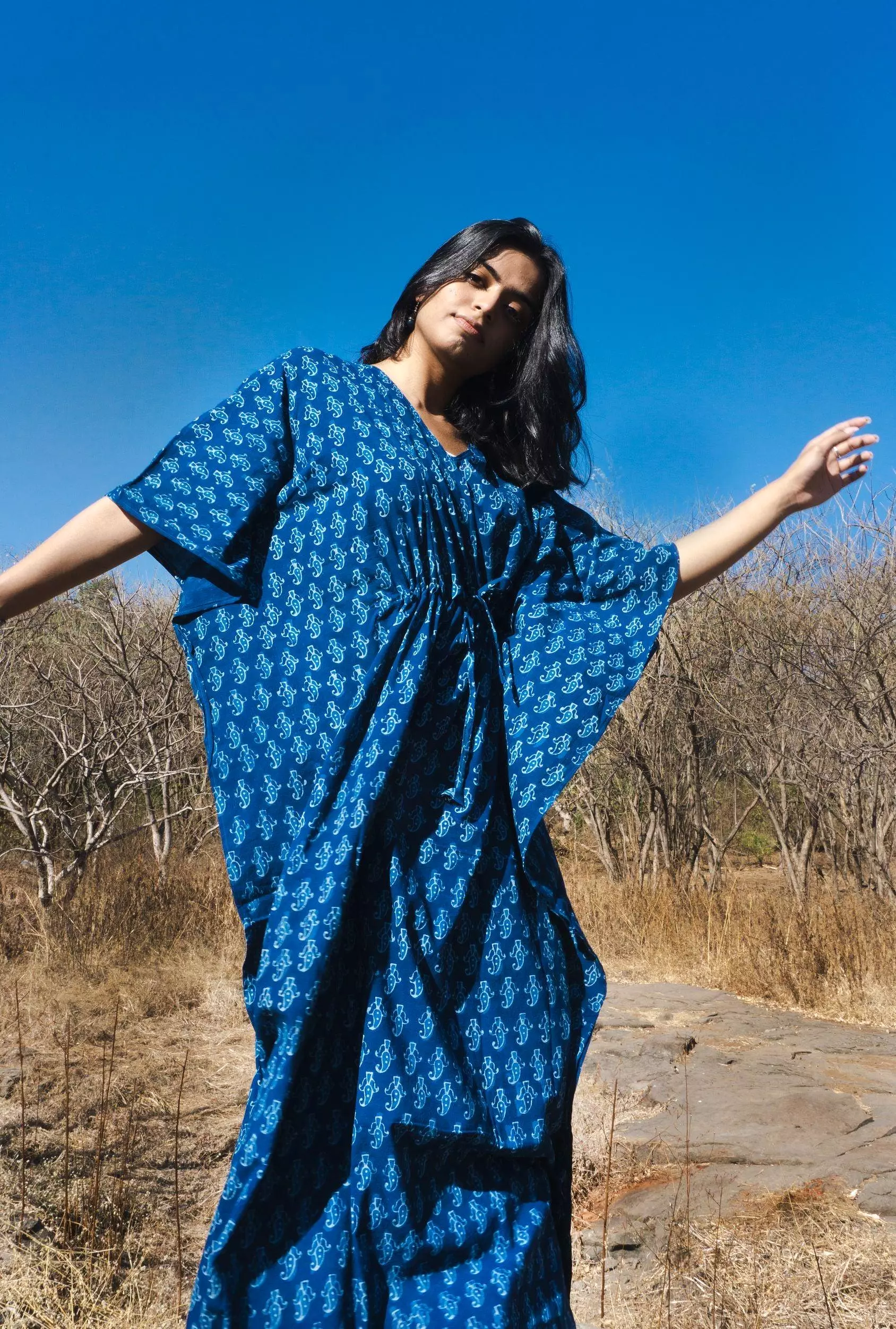 Kaisori Mulmul boota natural dyed Indigo block printed Kaftan