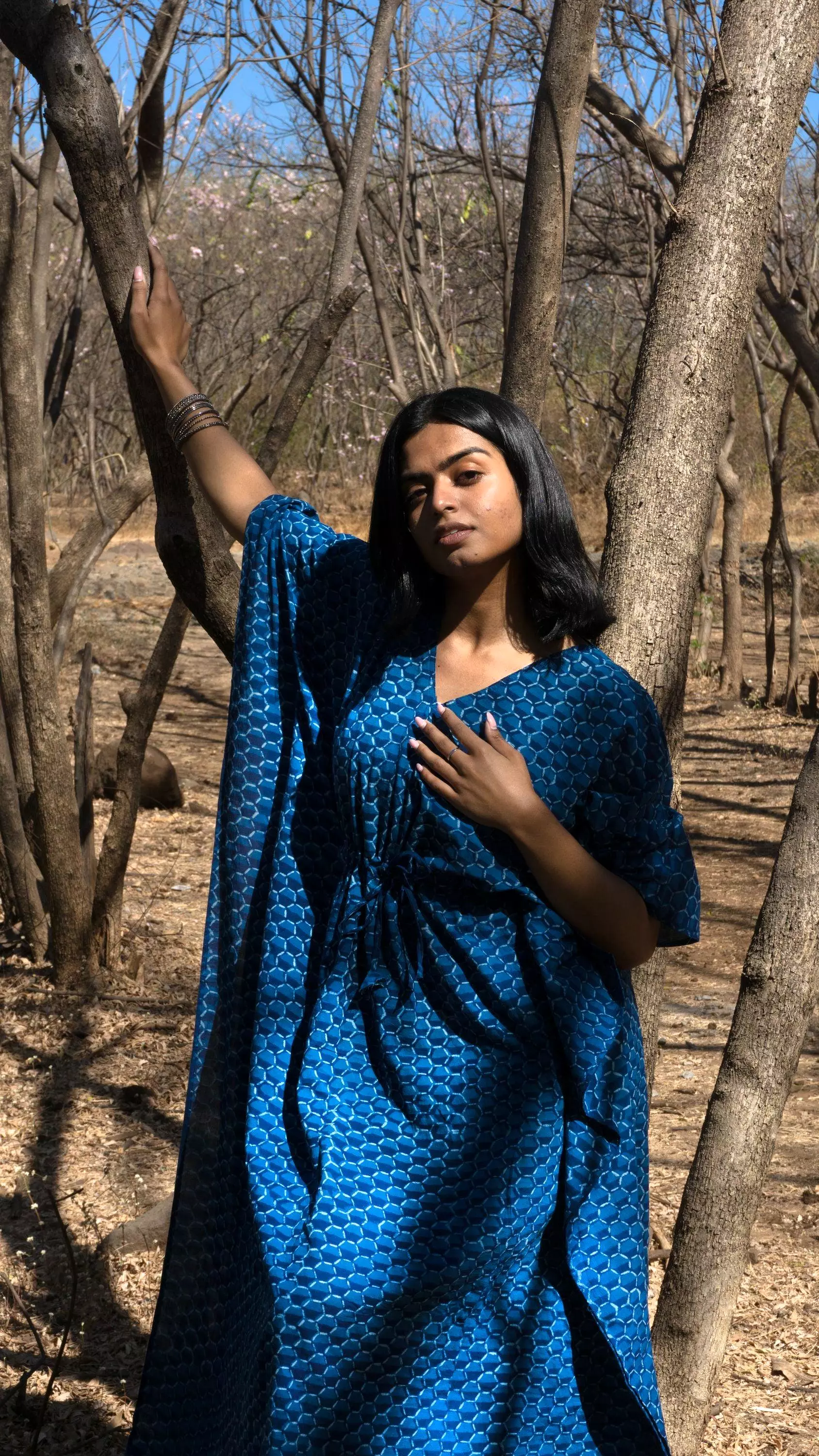 Kaisori Mulmul Chanda natural dyed Indigo block printed Kaftan