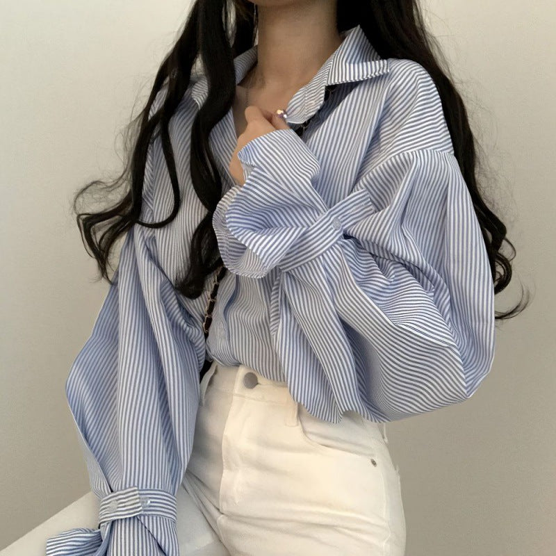 Korean Style Design Lantern Sleeve Striped Shirt