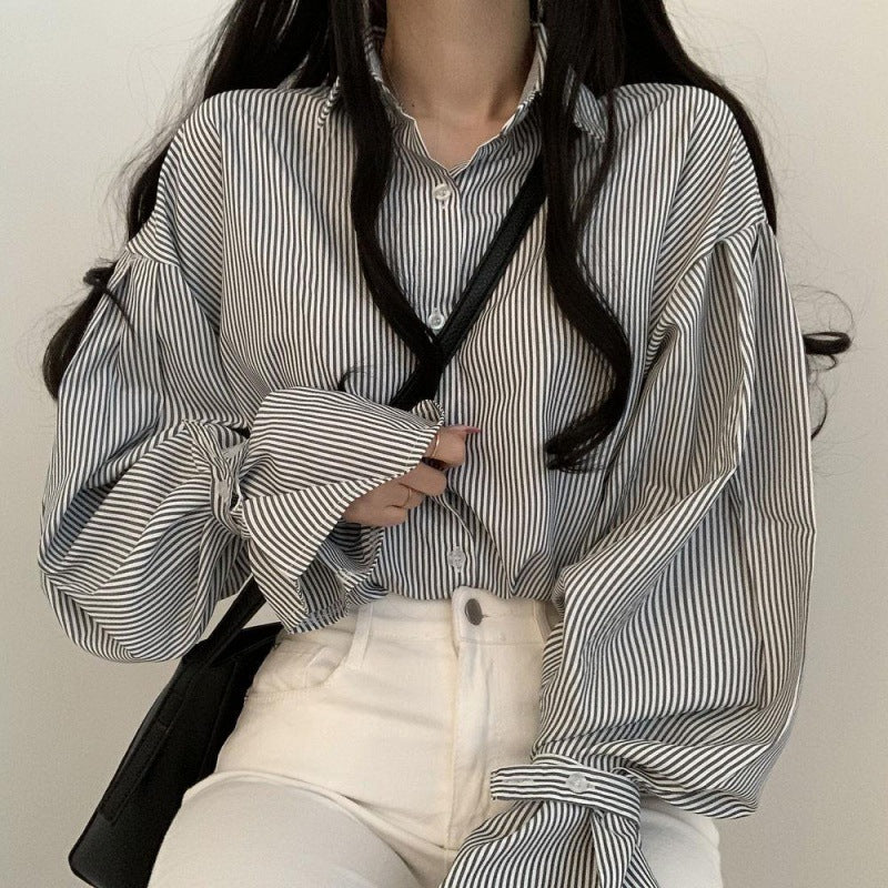 Korean Style Design Lantern Sleeve Striped Shirt