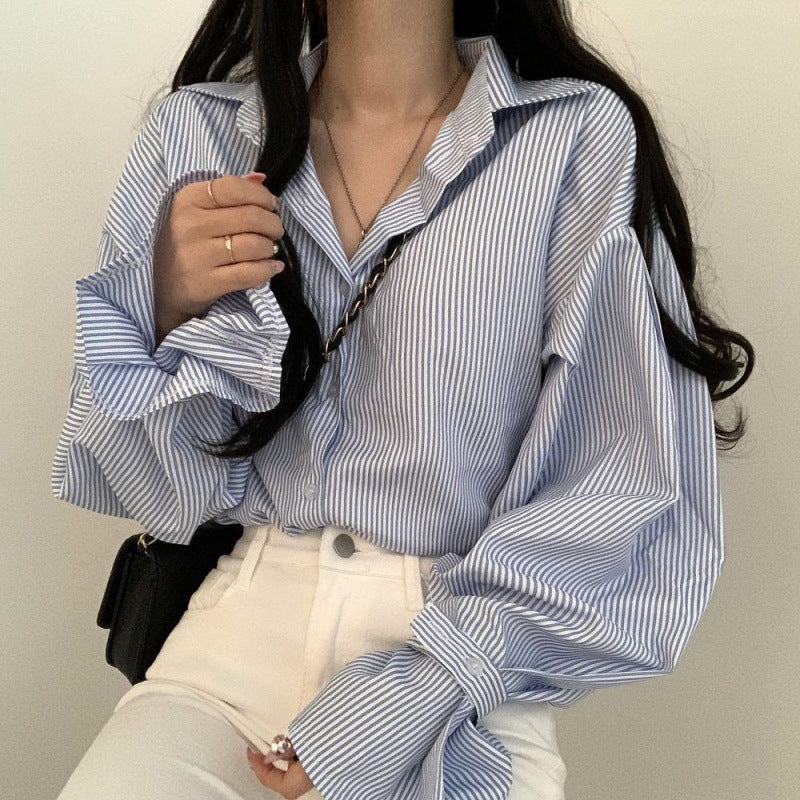 Korean Style Design Lantern Sleeve Striped Shirt