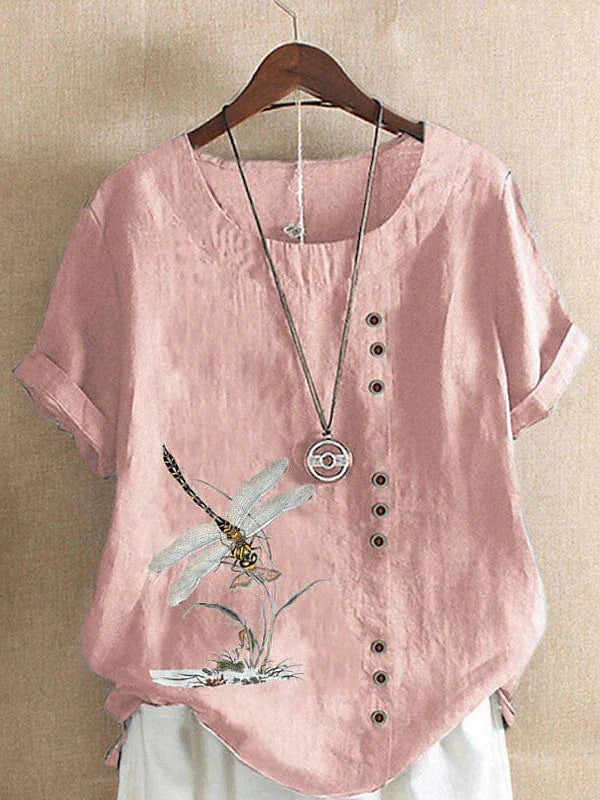 Ladies' Floral Print Linen T-Shirt with Short Sleeves