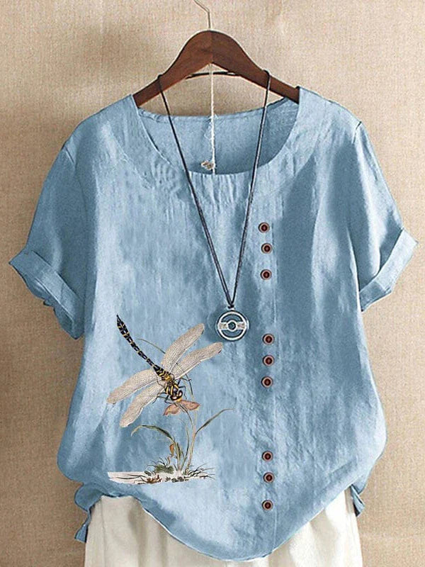 Ladies' Floral Print Linen T-Shirt with Short Sleeves