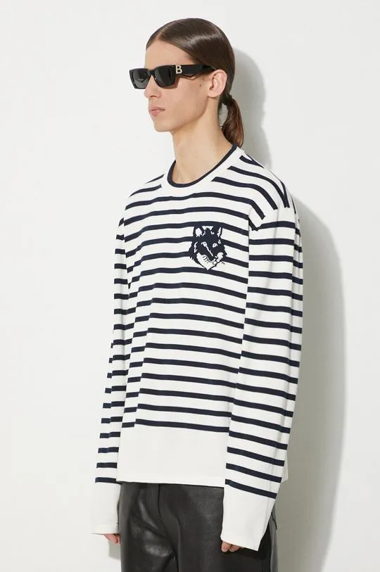 Maison Kitsuné cotton jumper Fox Head Intarsia Comfort Striped Jumper navy blue color MM00803KT1102