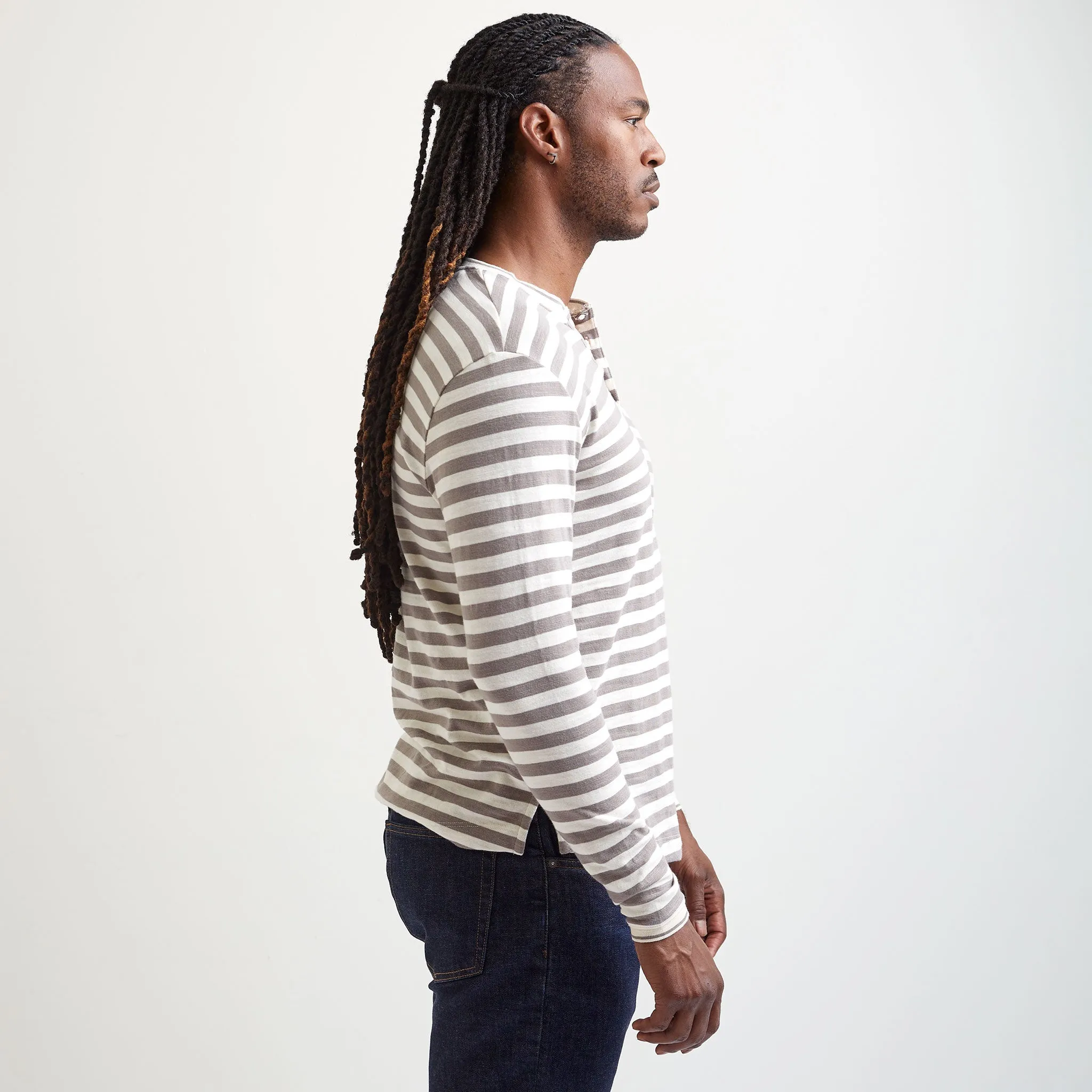 Marina Bar Stripe Peruvian Cotton Henley in Grey by Left Coast Tee