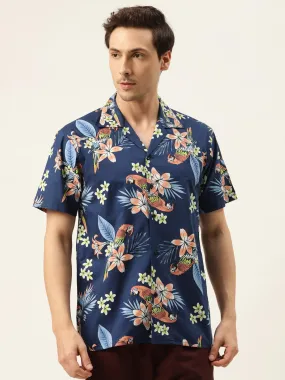 Men Navy Printed Pure Cotton Relaxed Fit Casual Resort Shirt