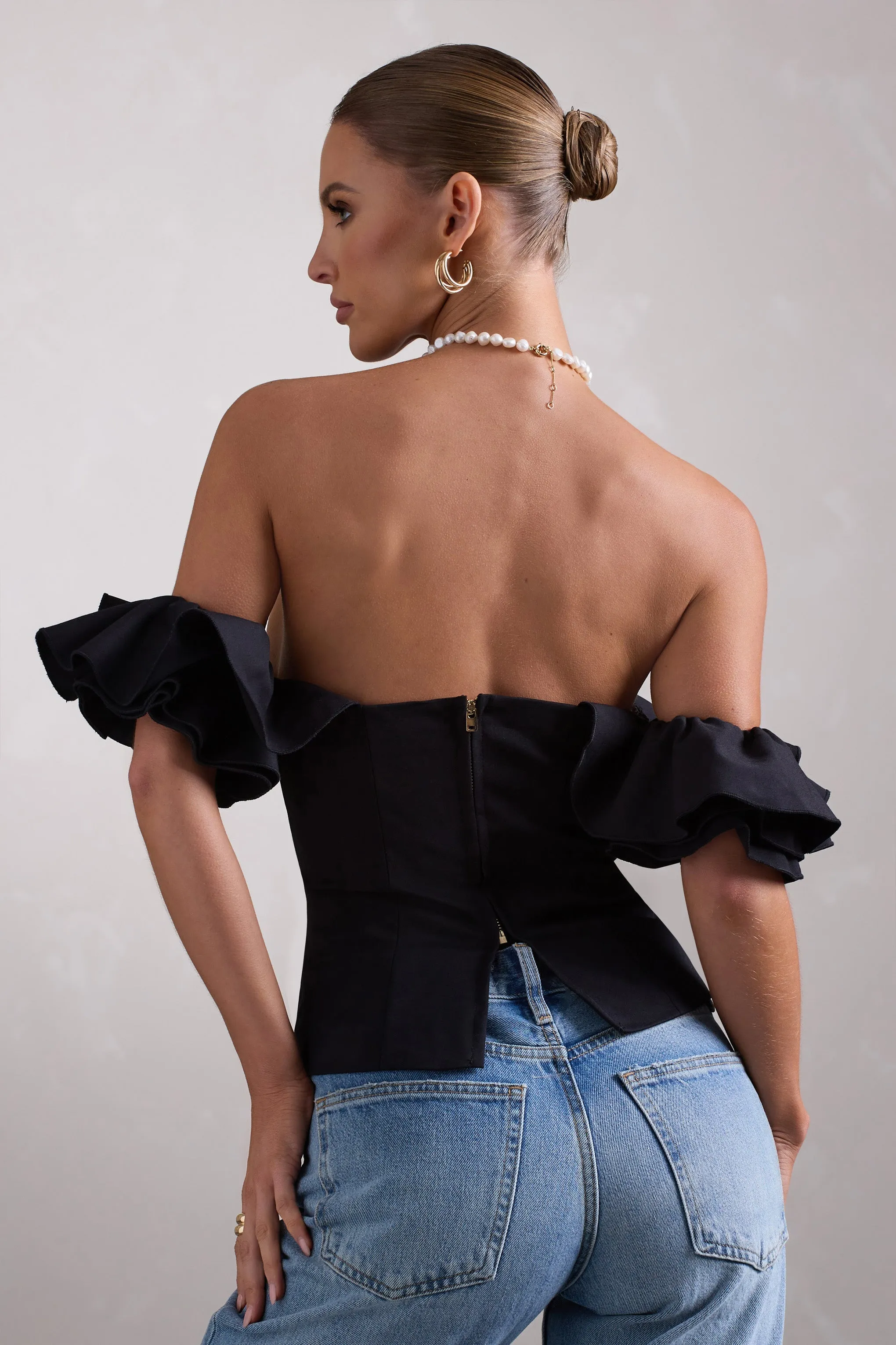 Naturally | Black Cotton-Blend Structured Bardot Top